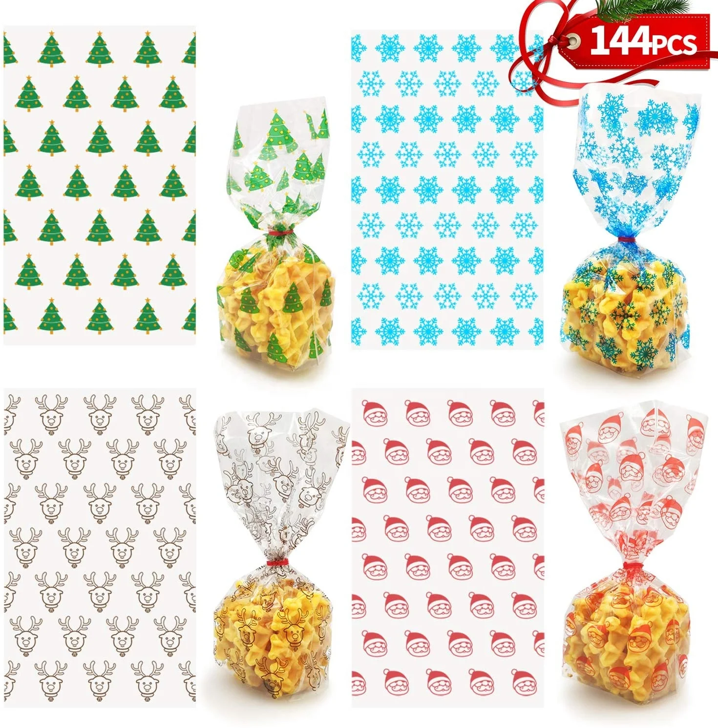 100 pieces Christmas popcorn clear treat bags goodies clear cellophane bags with 100 pieces twist ties
