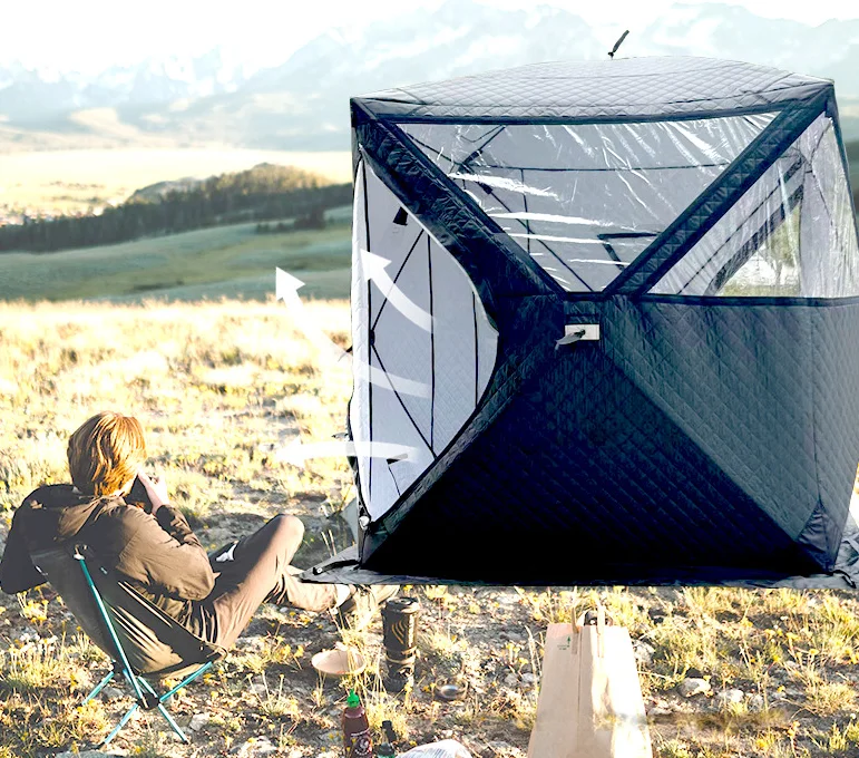 Outdoor multi person year-round sauna with thickened warmth, winter fishing tent, large window, chimney mouth, quick opening