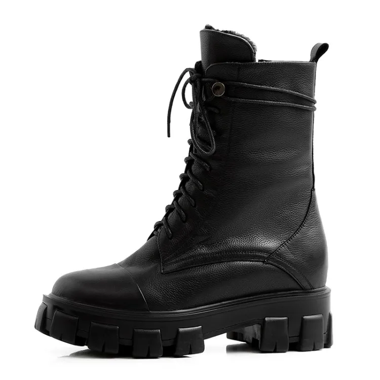 Pure wool snowshoes for women leather thick-soled lace-up boots for women plus size 40 41-43 cowhide medium boots for women