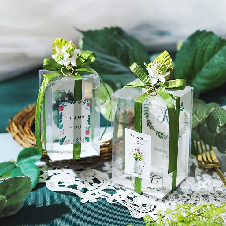 Wedding Favor Clear PVC Packaging Box Transparent PET Plastic Box With Ribbon