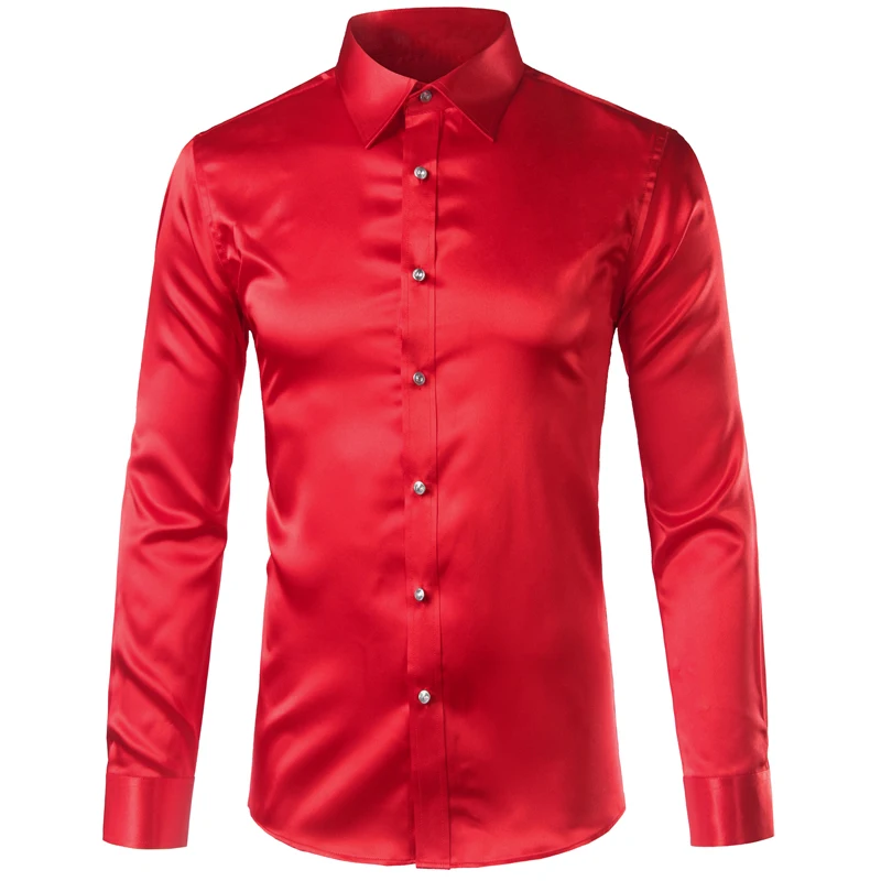 Custom Satin Silk Men  Fashion Long Sleeve Mens Slim Tuxedo Shirts Casual  Button Down Dress Shirts