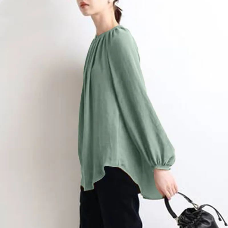 Religious Ethnic Crew Neck Shirts Maxi Modest Blouses Women Simple Green Long Sleeve Tunic Tops Ladies Muslim Shirts