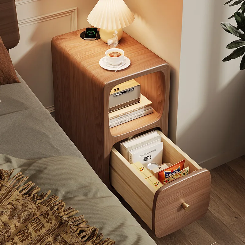 Simple solid wood smart bedside table network red bedroom mini locker narrow side storage cabinet