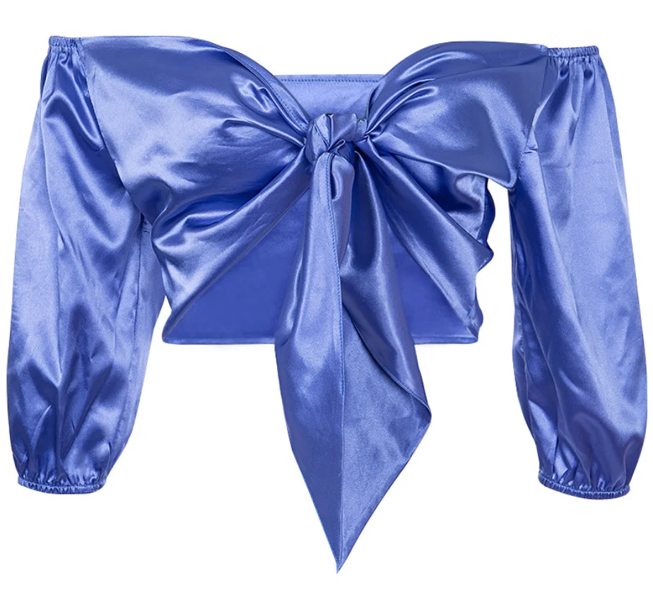 
2021 newest arrived neon color bow half sleeve top hot sale silk crop shirts 