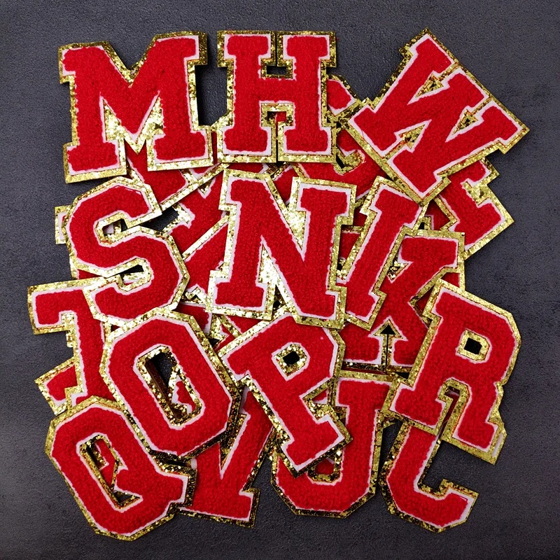 Fashion Style 8CM Height Chenille  Red  Glitter English Letters Iron on Patches For Clothing Letter Embroidery Clothes Applique