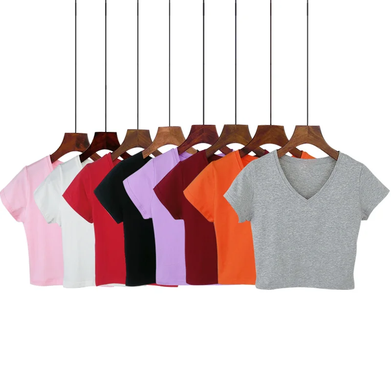 Футболка женская с V-образным вырезом, повседневная однотонная хлопковая приталенная рубашка с коротким рукавом, с завышенной талией, в Корейском стиле, на лето