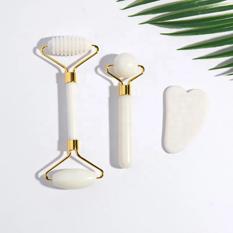 3pcs/box White Jade Roller Massager For Face Lift Natural Stone Gua Sha Scrpaer Set Facial Slimming Chin Skin Care Beauty Tool