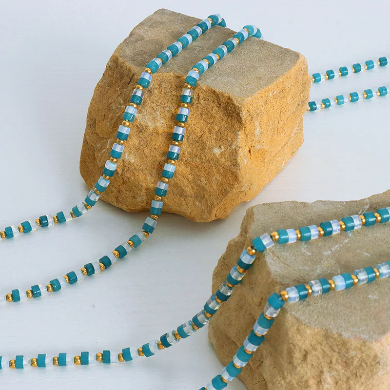 Bohemian Style Niche Personality Natural Marble Deep-sea Sapphire Beads Handmade Titanium Steel Necklace