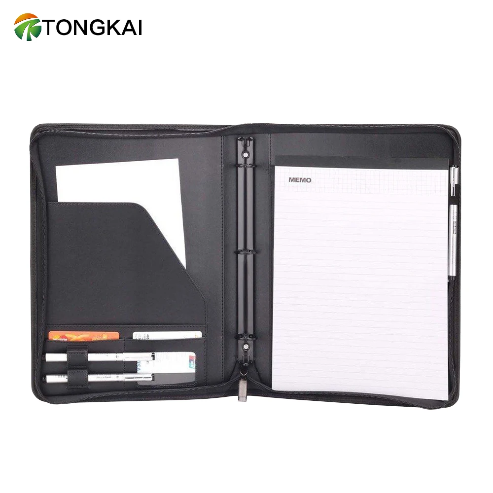 Custom Executive Padfolio - A4 Zippered Black PU Leather Conference Document Holder Organizer Portfolio With  Notepad