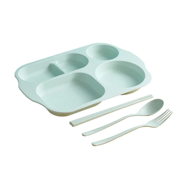 Wheat Straw Rectangular Divided Dinner Tray 5 Sections Dinner Plates With Fork Spoon Chopsticks For Kids Adults Camper