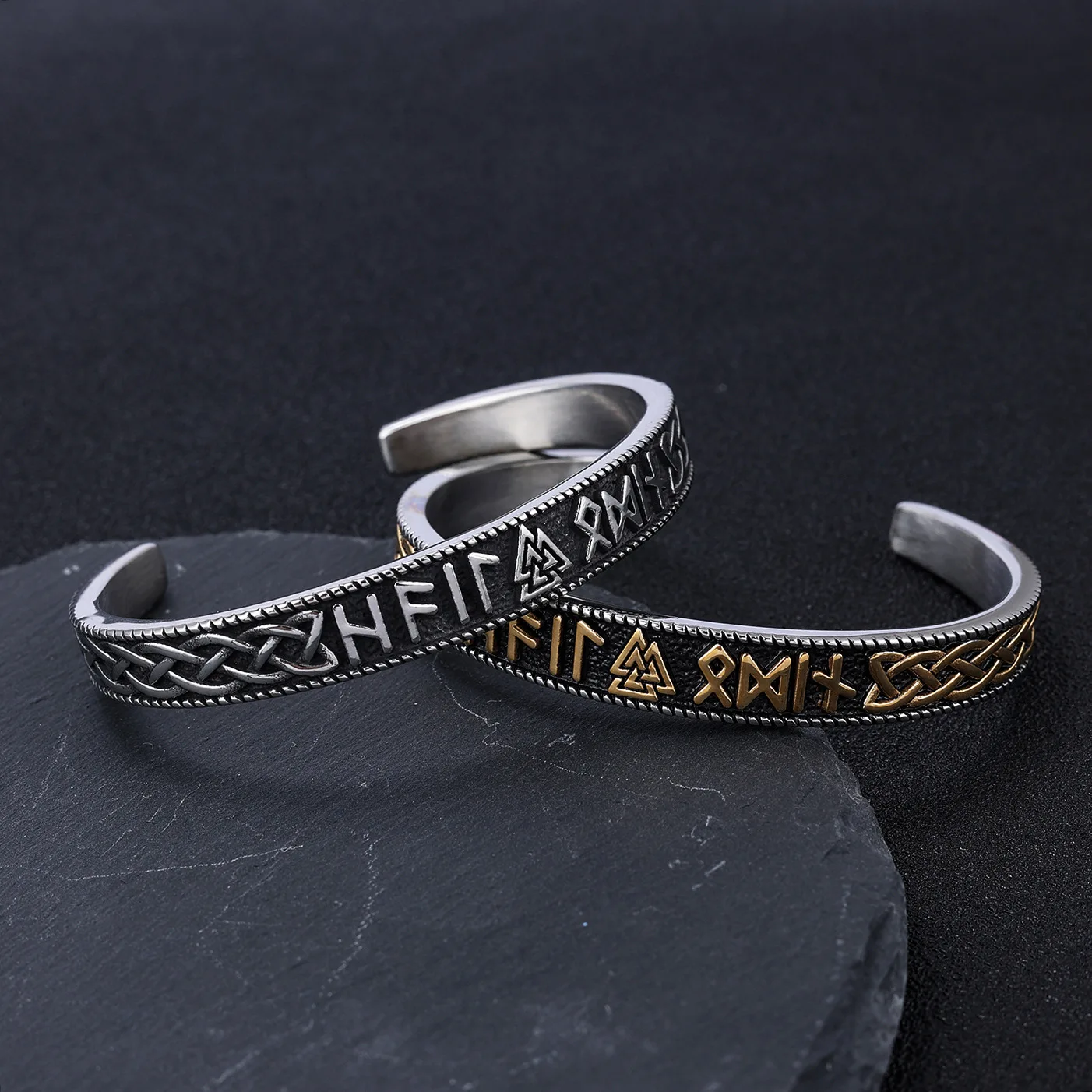 Stainless Steel Open Nordic Viking Bracelet Rune Valknut Mantra Cuff Friend Amulet Pagan Viking Jewelry Celtic Bangle
