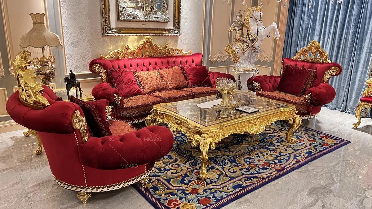 Gold leaf color wood carved royal style  latest design hall sofa set