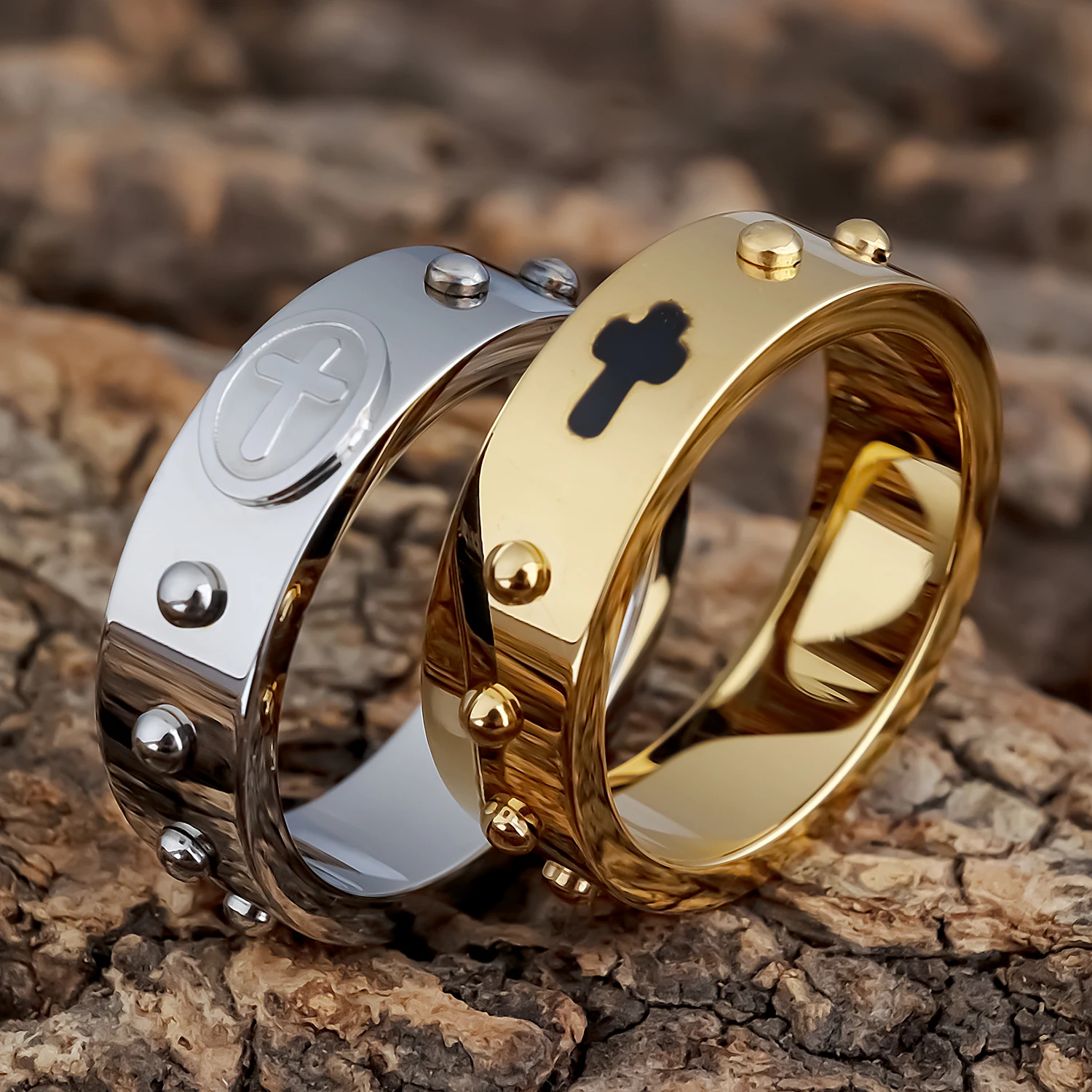 Stainless Steel 18k Gold Plated Sideways Religious Faith Cross Rosary Eternity Ring Jewelry for Women