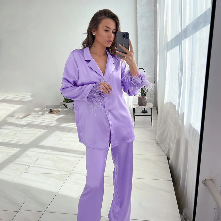 Autumn 2023 New arrivals Wholesales women pajamas with feather long sleeve satin loungewear set