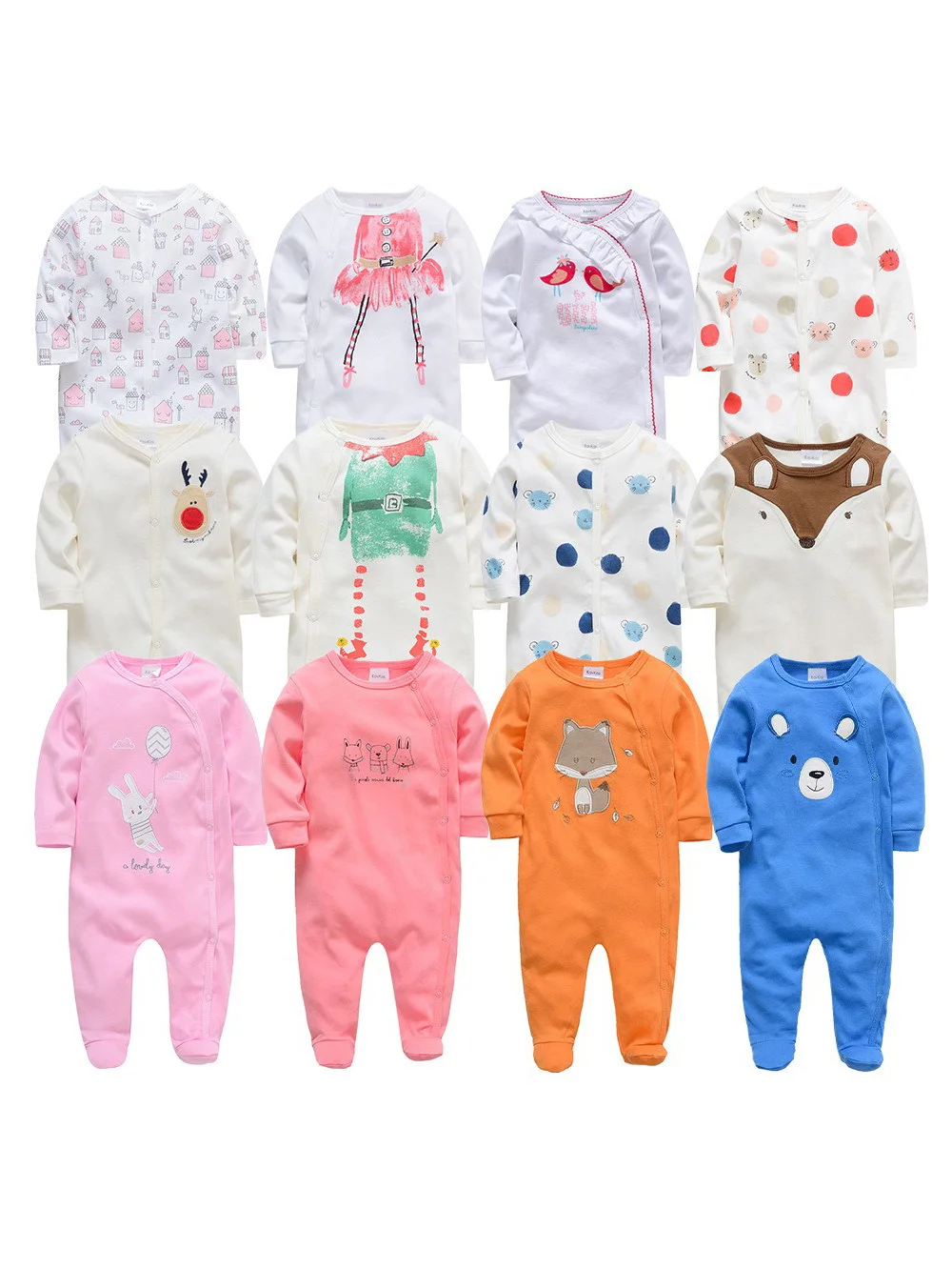 Spring Autumn Safety Grade a Cartoon Long Sleeves Snap Button Baby Romper Newborn Onesie With Feet