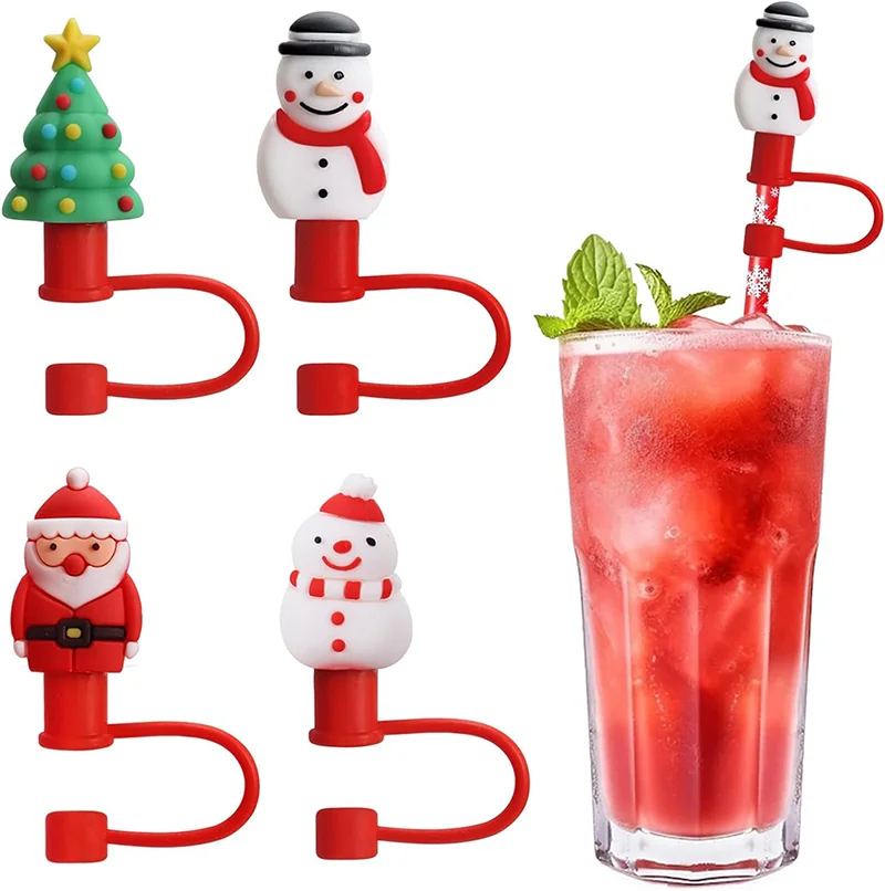 Custom Decoration Charms Silicone Straws Tips Dust Toppers Covers Christmas Straw Toppers for Tumblers