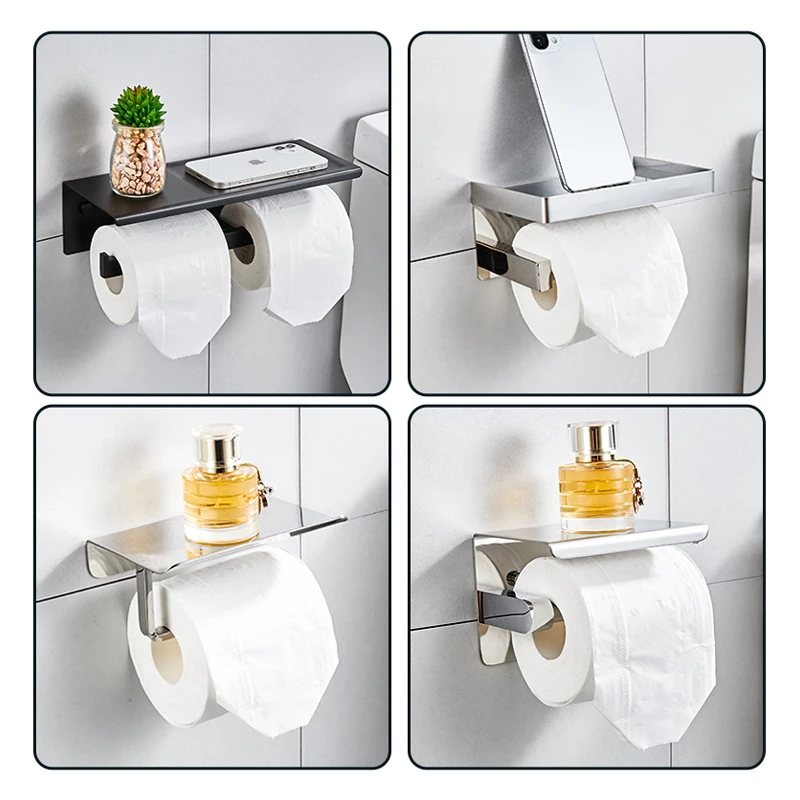 Bathroom Wall Mounted 304 stainless steel Toilet Tissue paper towel roll holder with phone Shelf