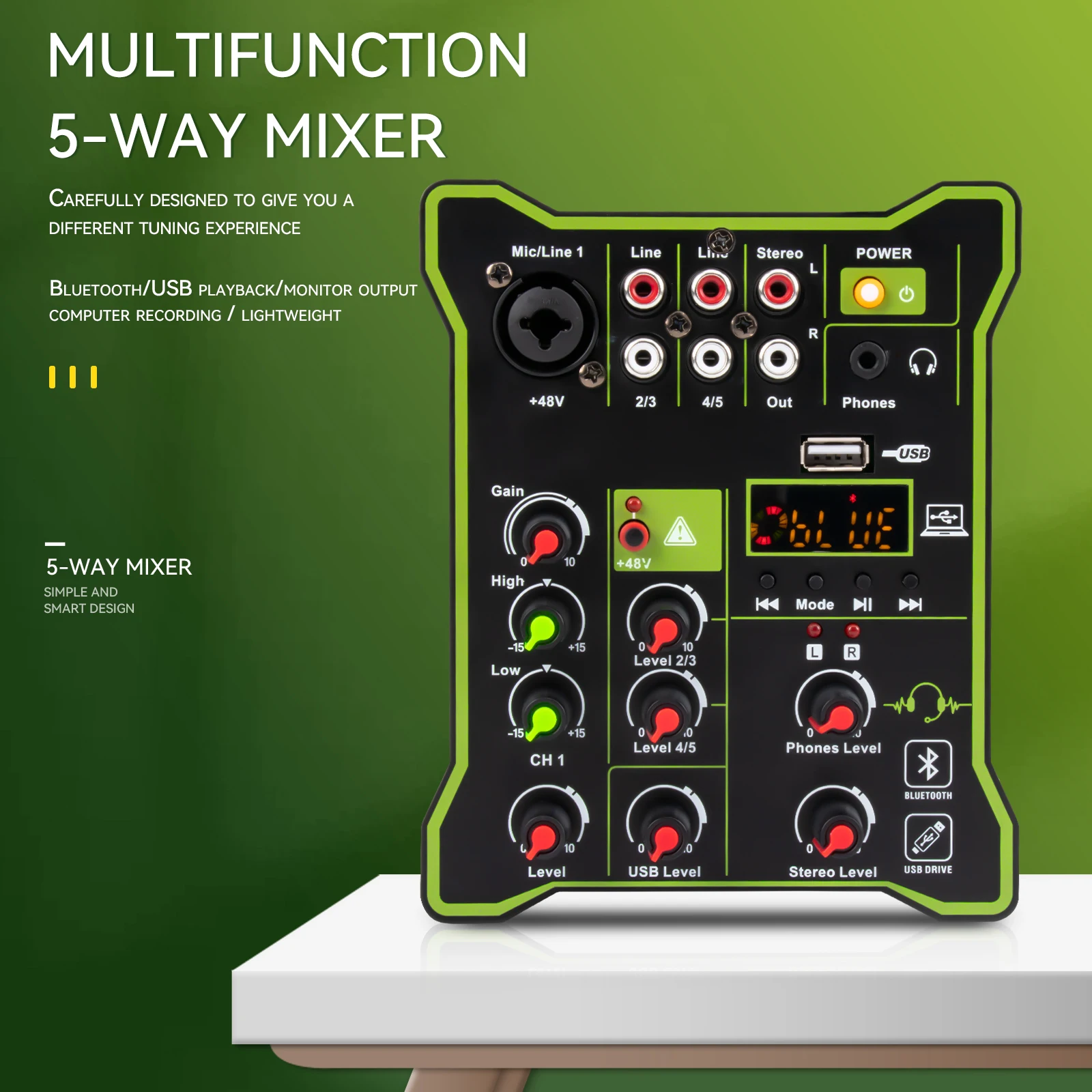 Multifunctional Small Audio Mixer DJ Mixing Console, 5 Channels, Bluetooth Compatible, USB, Computer Play Recording