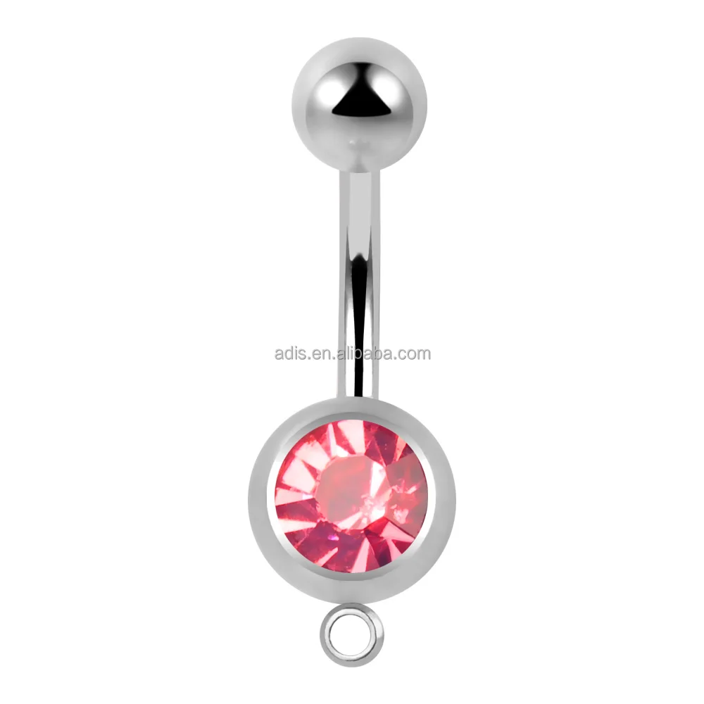 Custom Surgical Steel Dangle Pink Gem Curved Banana Barbell Fine style Belly Button Ring With Loop