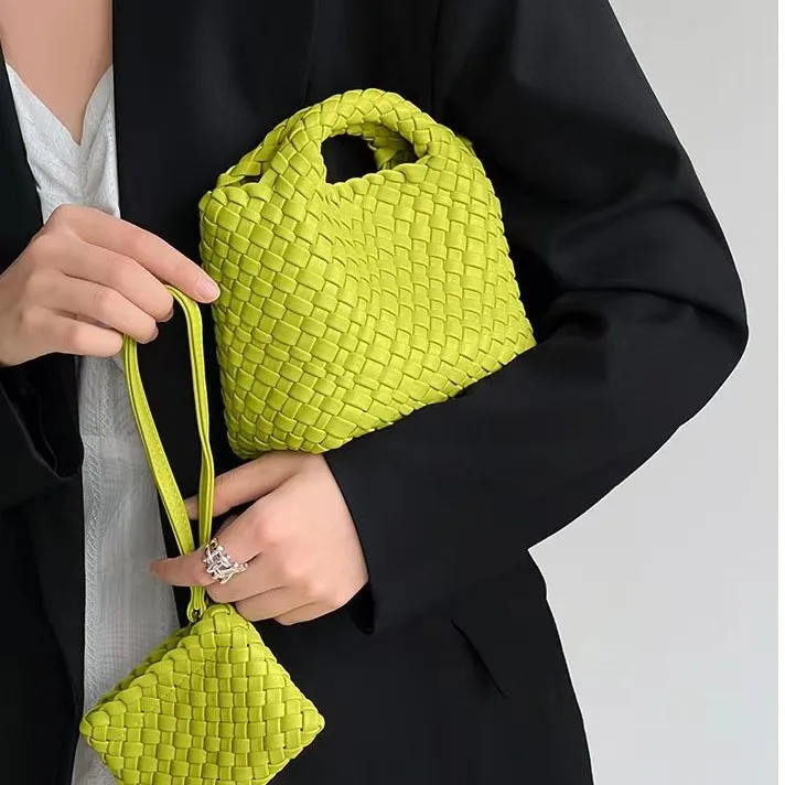 2PCS/Set Women Retro Large Capacity Handmade Woven Handbag Soft PU Leather Tote Bags With Small Woven Purse PU Weave Bag