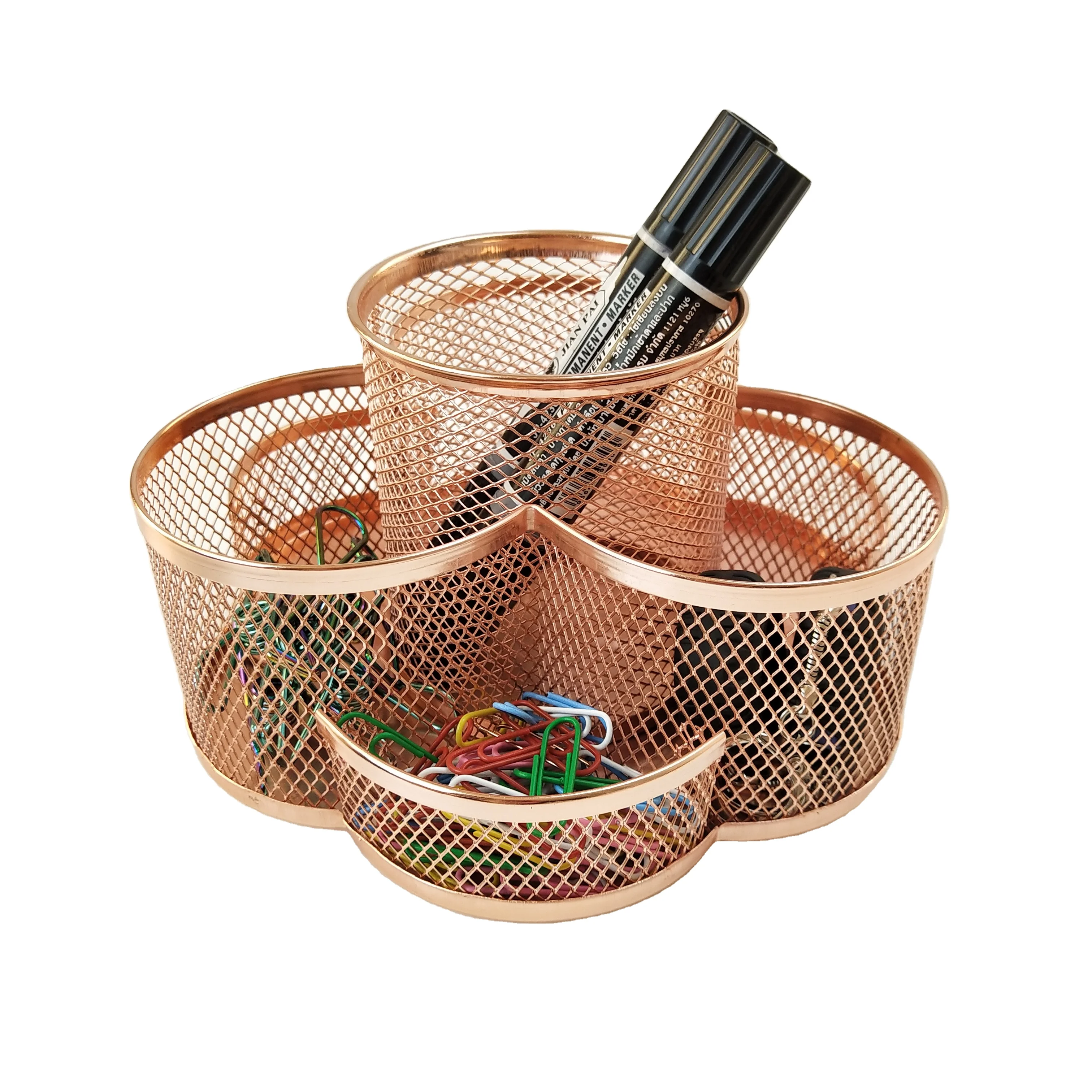 Stationary Accessories Multi-functional Metal Mesh Rose Gold Round Rotating Base Pen Stand Desk Organizer Pencil Pen Holder