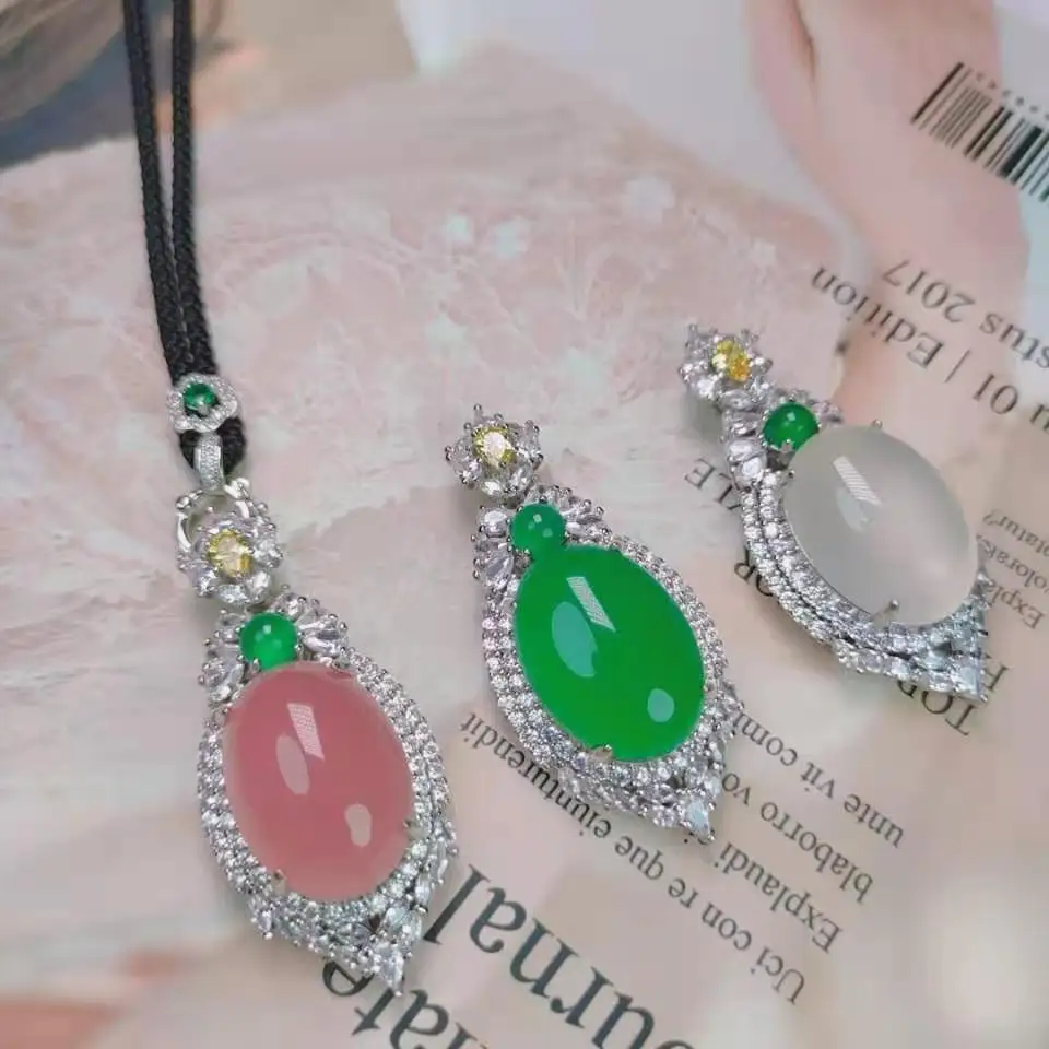 Certified Chalcedony  Chalcedony Necklace S925 Silver Inlaid Chalcedony Large Egg Surface Pendant Jade Sweater Chain