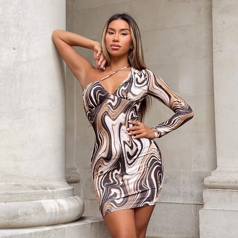 L33042 hot style fashion one shoulder printed sexy mini women dress