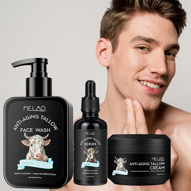 Private Label Natural Facial Cleanser Facial Moisturizing Lotion Retinol Serum Anti Aging Beef Tallow Men Skin Care Set