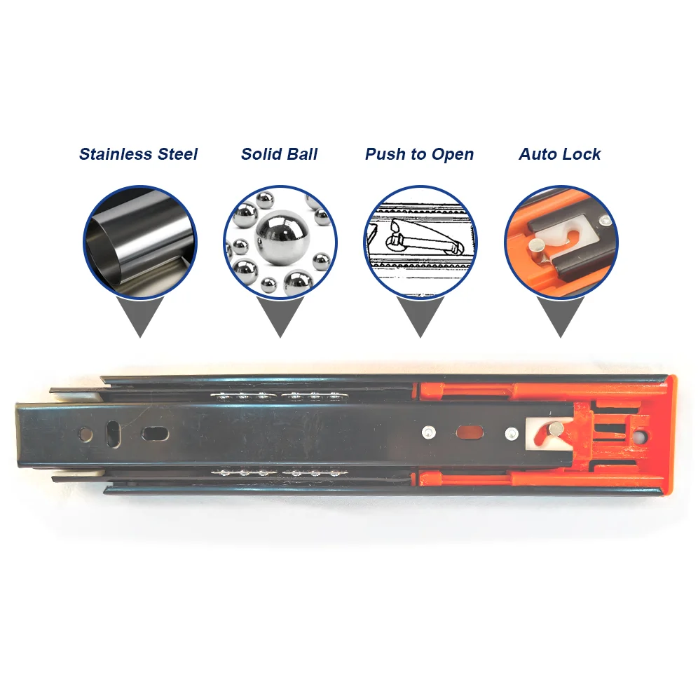 Soft Close Telescopic Detachable Heavy Duty Stainless Steel Full Extension 3 Fold Side Mount Push Open Ball Bearing Drawer Slide