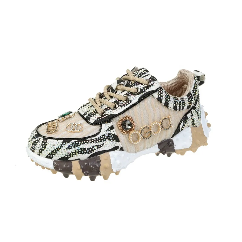 New Fashion Chunky Sole Women Casual Walking Style Shoes Other Trendy Low Top Rhinestone Lady Vegan Sneakers.