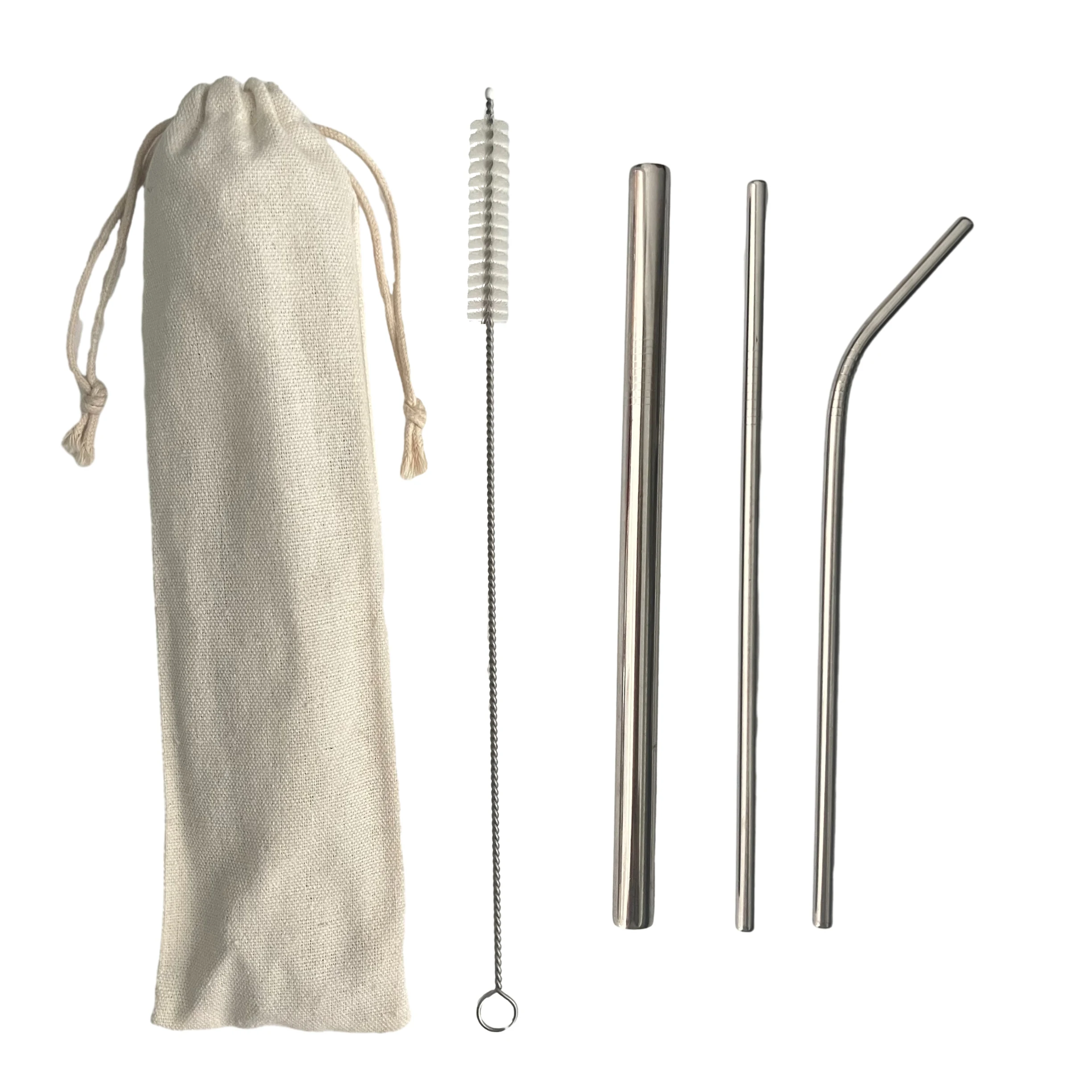 4PCS Wholesale Custom Logo Eco Friendly Reusable Boba Drinking Metal Cocktail 304 Stainless Steel Straw Set With Brush And Bag