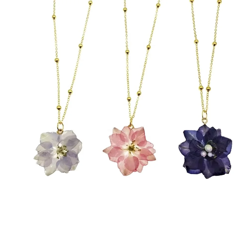 Factory Direct 18k gold plated adjustable natural epoxy Birthday Flower Large floral Delphinium necklace suitable for gifts