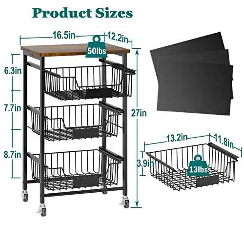 4-Tier Vegetable Fruit Basket Kitchen Storage Rolling Cart on Wheels Pull-Out Baskets and Wood Top