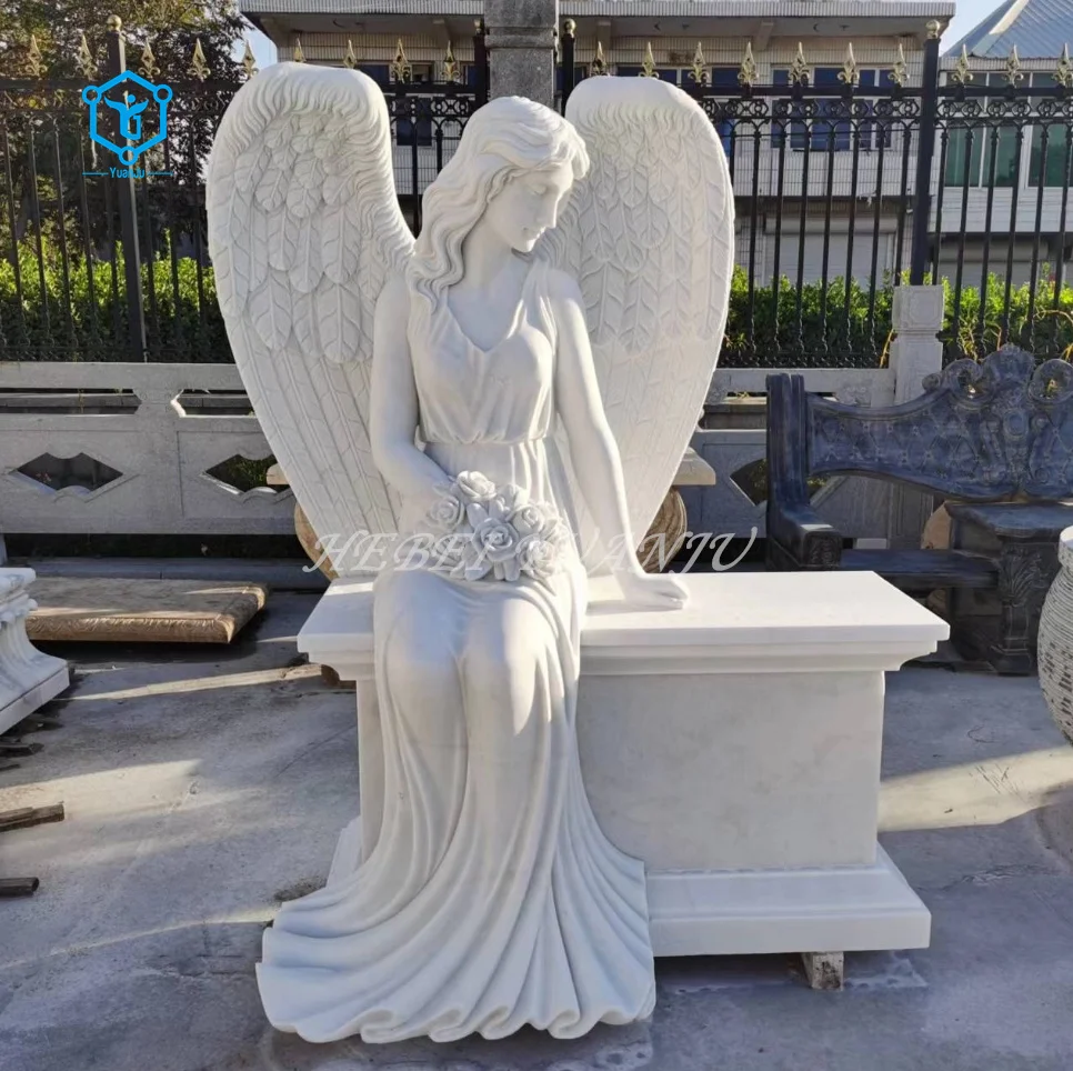 Natural white marble sculpture tombstone with standing angel statue