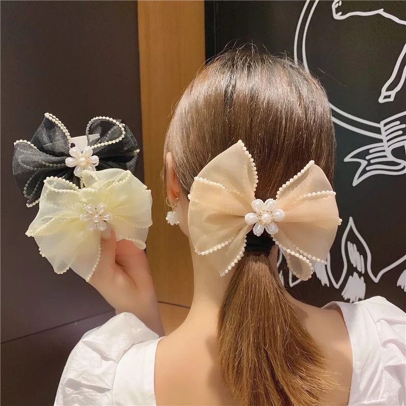 Exquisite Flower Bow Spring Hair Clip Mesh Fabric Large Bow Tie Pearl Macrame Hair Clip for Girls