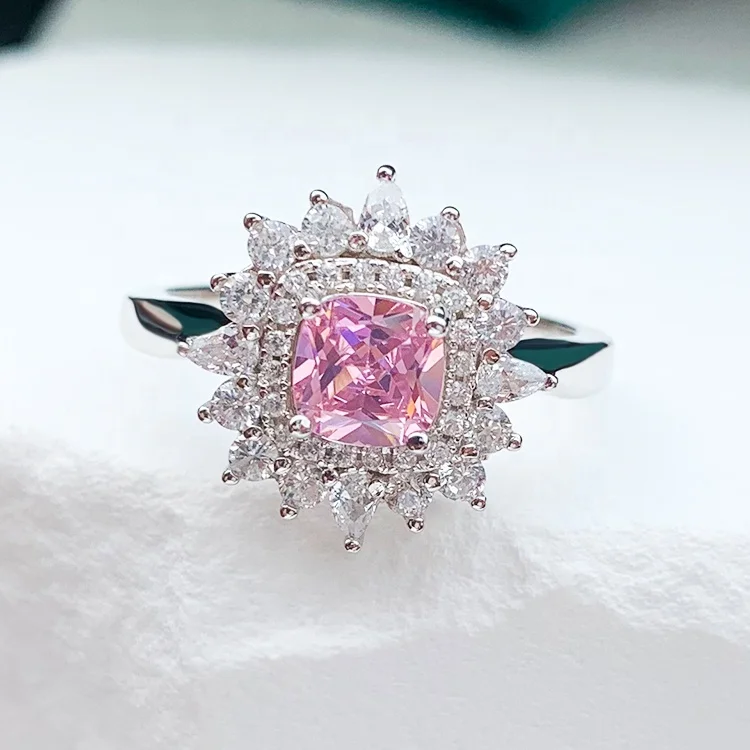 Women High Quality Sterling Silver 925 Ring with Fancy Cubic Zircon Flower Shape for Engagement