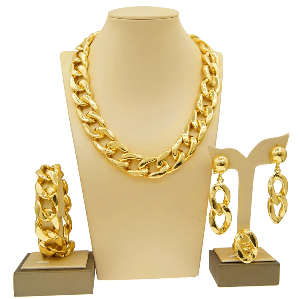 Yulaili 24K Gold Plated Jewelry Set 2024 Fashion Elegant Gold Cuban Chain 45cm Length Necklace Set Women Costume Accessories