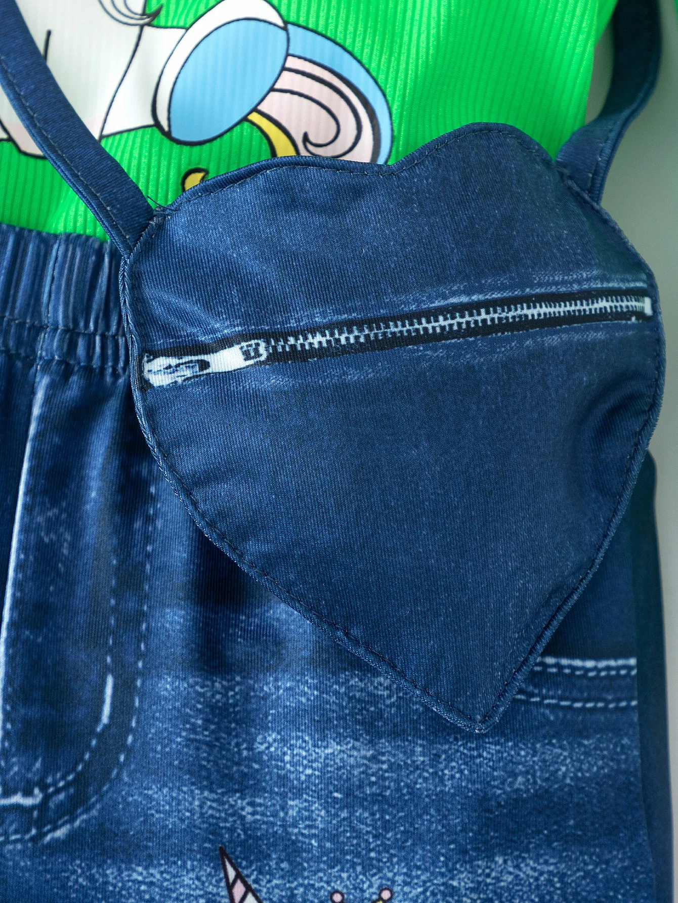 New arrival baby girls cartoon unicorn printed long sleeve t-shirt + flared denim jeans pants + heart purse 3pieces clothing set