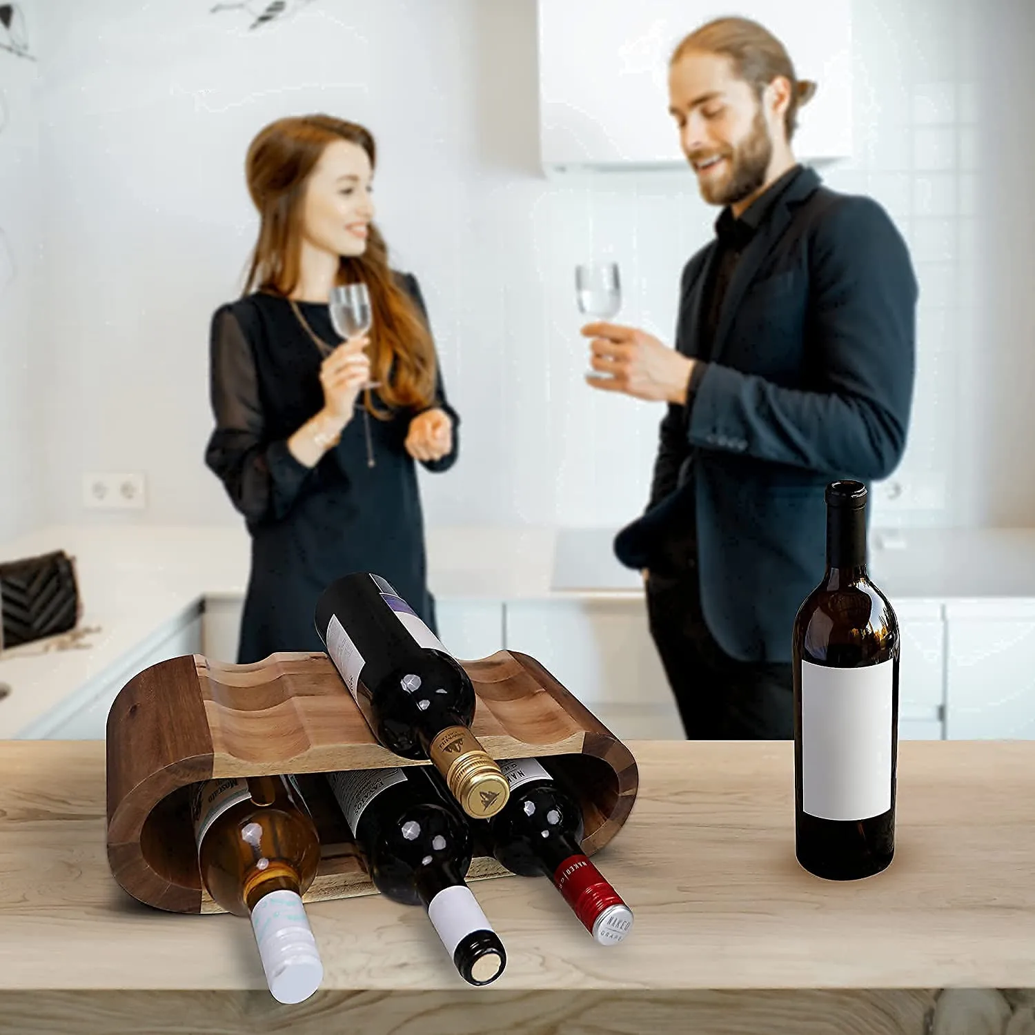 Hot Sale 6 Wine Bottle Holder Free Standing Wooden Wine Rack With 4 Silicone Grip Pads