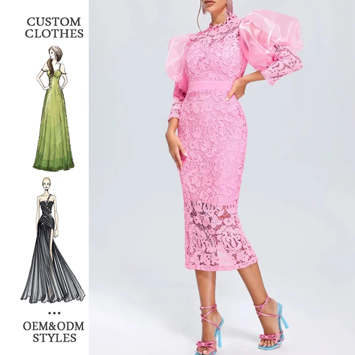 New Fashion Ladies Sexy Lace Floral Rose Pink Dresses Elegant Maxi Bodycon Dress Long Sleeve Party Dresses Women Lady Elegant