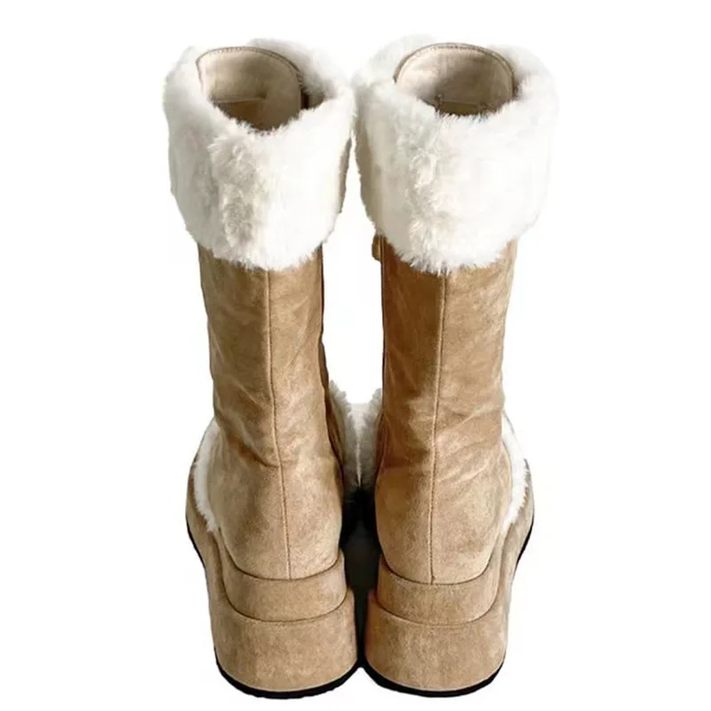 Thicken sole plush snow boots warm mid-calf boots retro height increasing knight boots lace-up shoes