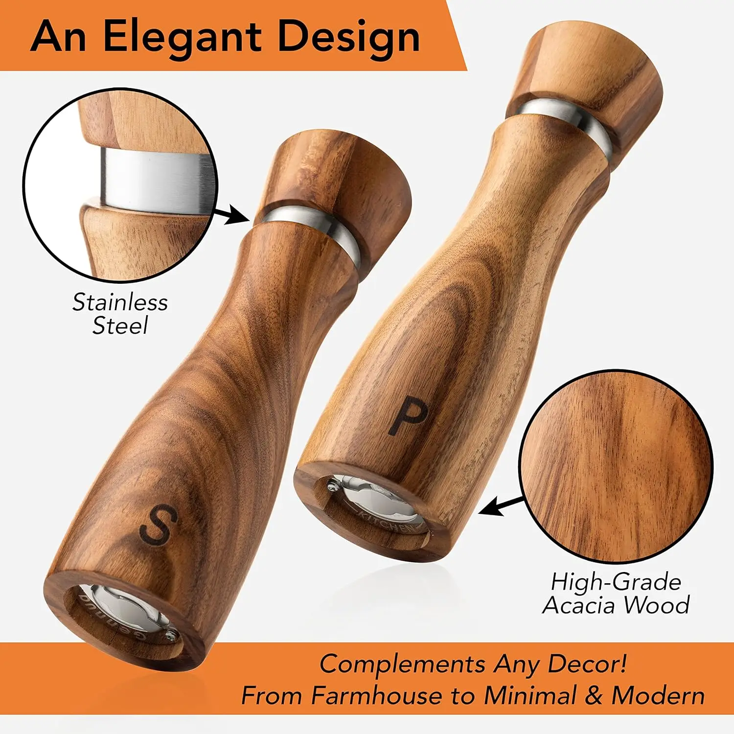 8 inch Acacia wood 2 Pack Salt and Pepper Grinder Set Shakers Wood Salt Shaker with Ceramic/Stainless Steel Core