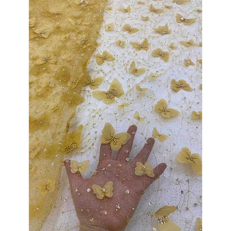 Yellow color butterfly pattern african french women dress tulle 3d embroidery french lace fabric With Beads