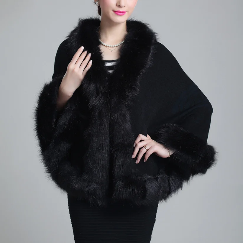 Модное женское пальто из искусственного меха на осень и зиму кожаное пончо с воротником лисьего накидки Женская шаль накидка шерстяное меховое