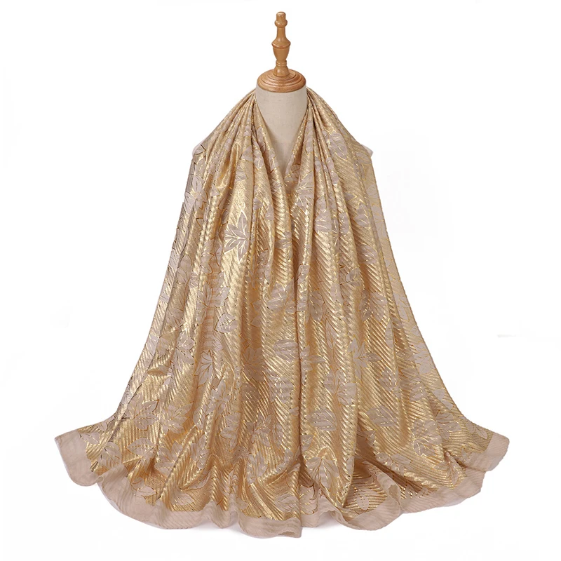 wrinkled design fashion crushed 100% polyester cotton scarf hijab gold leaves pattern women long cotton hijab