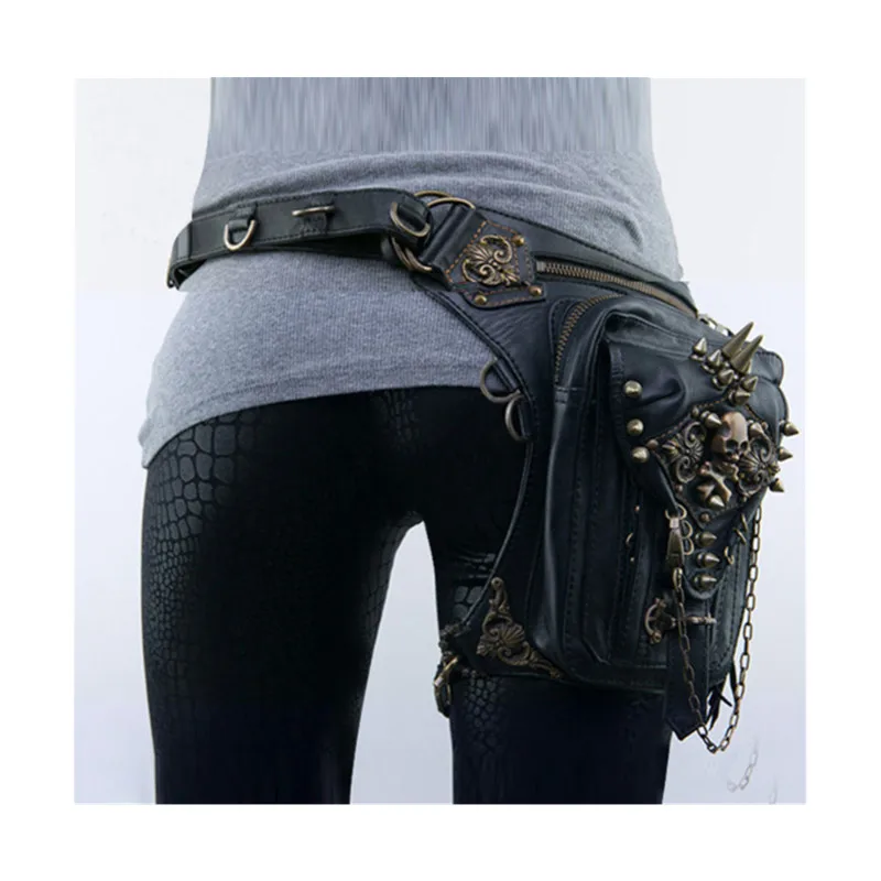 TLB-8E599  Trendy retro locomotive bag women mobile phone waist leg bag rivet skeleton waist bag