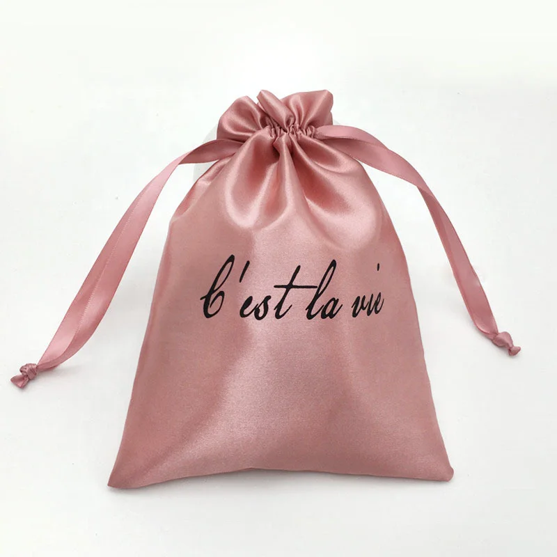 wholesale Custom logo Christmas soft overnight bags Pink Recycled mini Satin Drawstring Dust Bag (1600152528285)