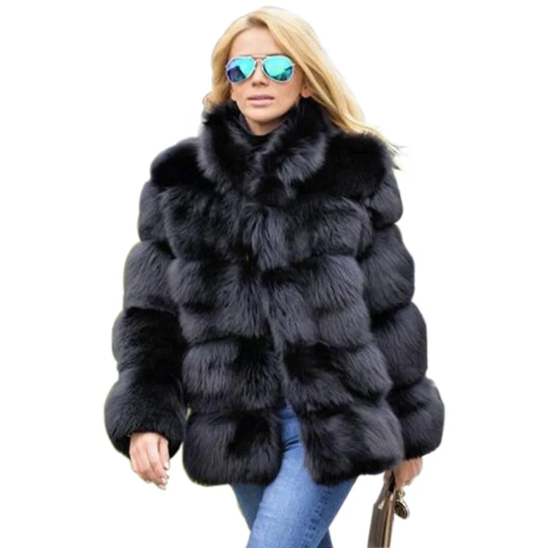 
Fashion Women Luxury Winter Faux Fox Fur Coat Plus Size Stand Long Sleeve Faux Fur Collar Jacket 
