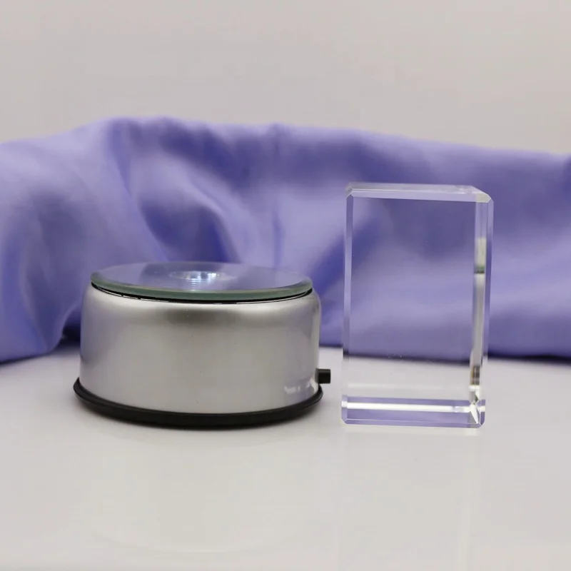 Factory Supply Blank Crystal Glass Cube with Rotatable LED Base for Custom Engraving Gifts