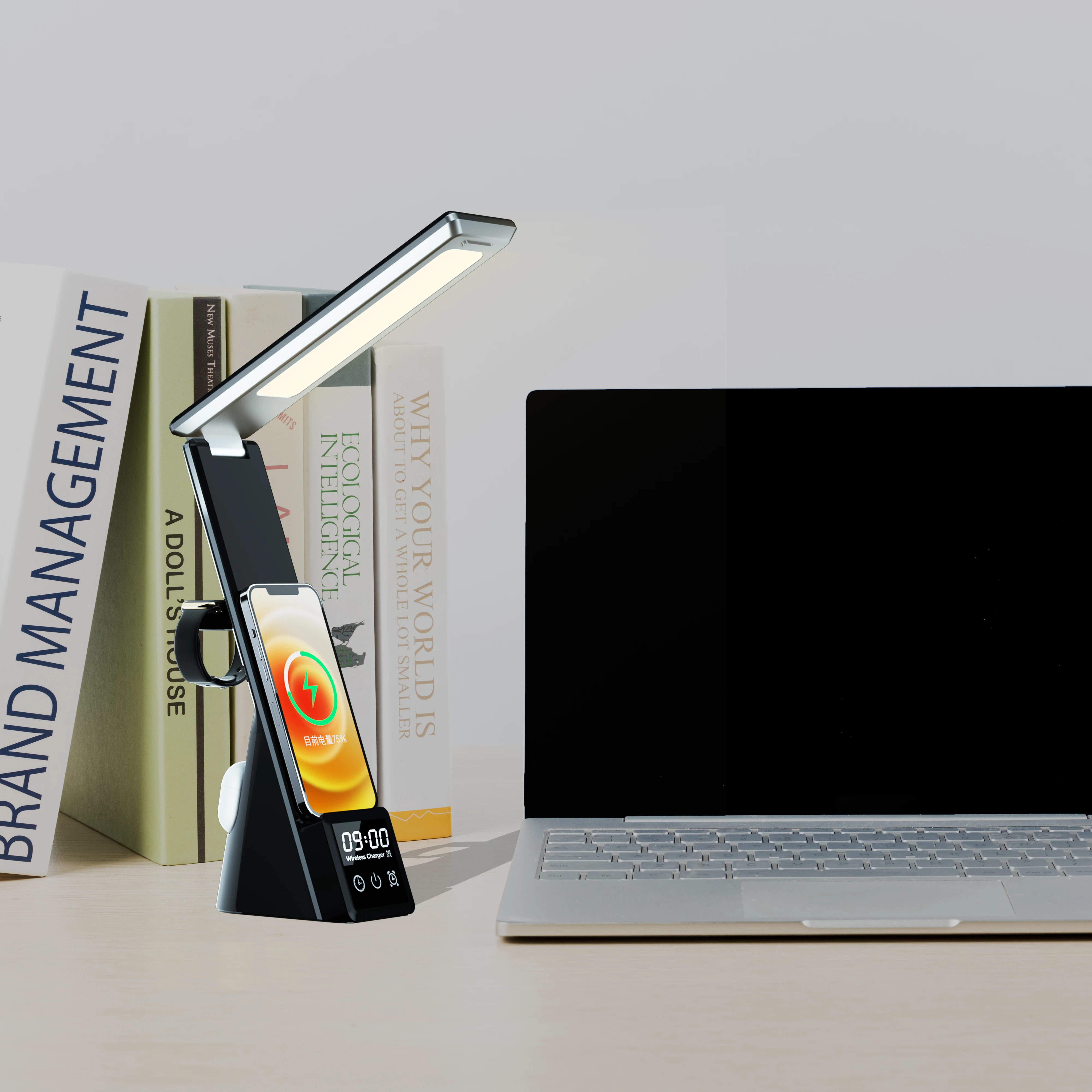 Wholesale multifunctional desk lamp wireless charger 15W fast charge smart watch earphone LED bedside lamp for iPhone14